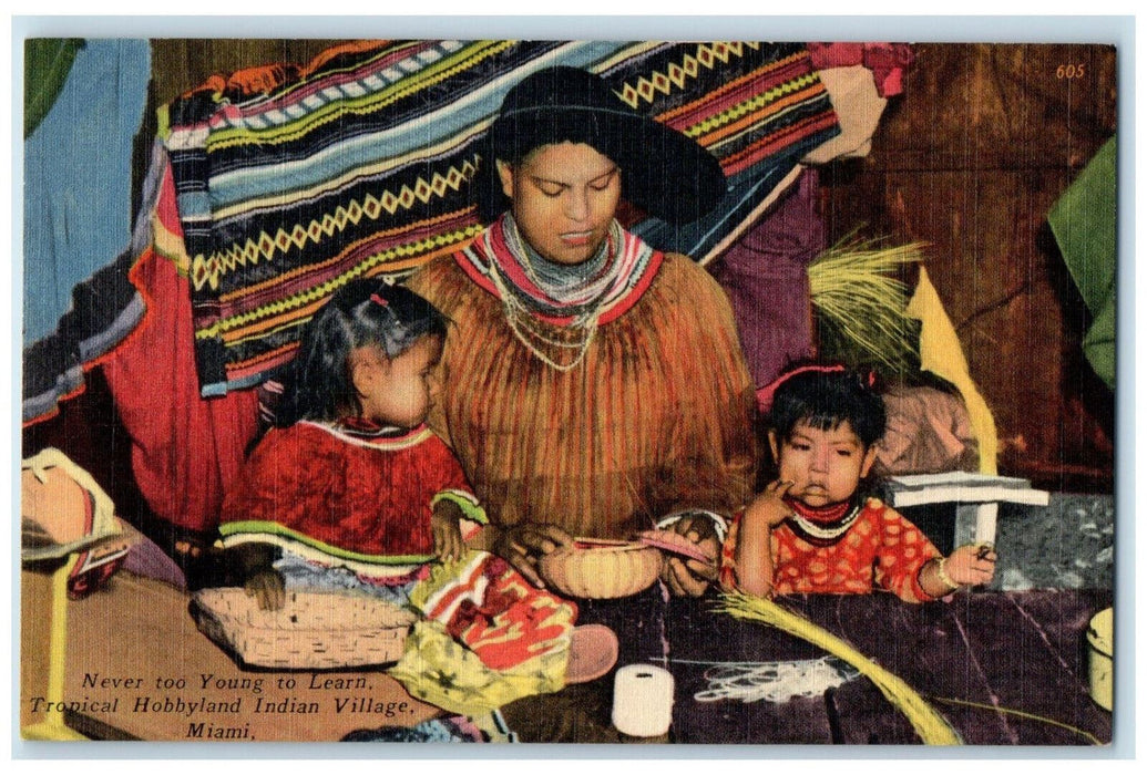 c1940s Teaching Kids at Tropical Hobbyland Indian Village Miami FL Postcard
