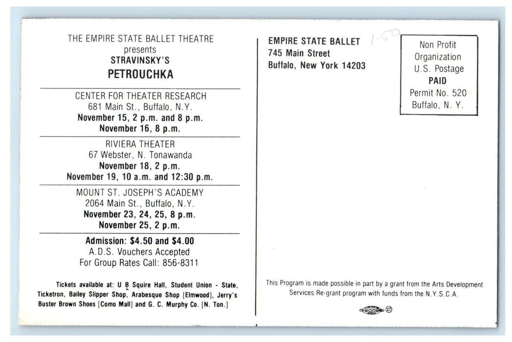 Empire State Ballet Theater Petrouchka Advertising Buffalo New York NY Postcard