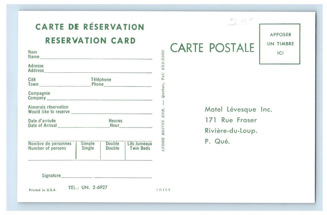 c1960s Motel Levesque Reservation Card, Riviere-du-Loup Quebec Canada Postcard