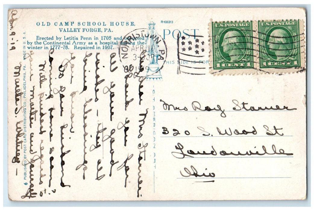 1919 Old Camp School House, Valley Forge Pennsylvania PA Antique Postcard