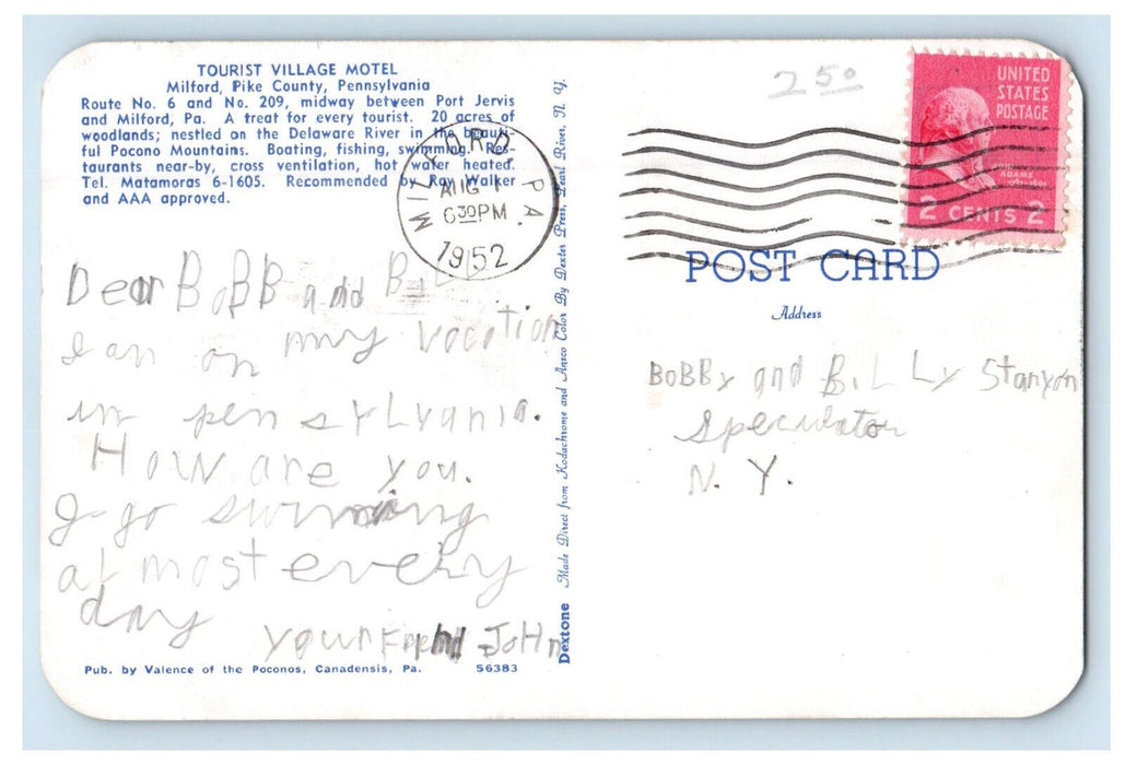 1952 Tourist Village Motel Milford Pike County Pennysylvania PA Postcard