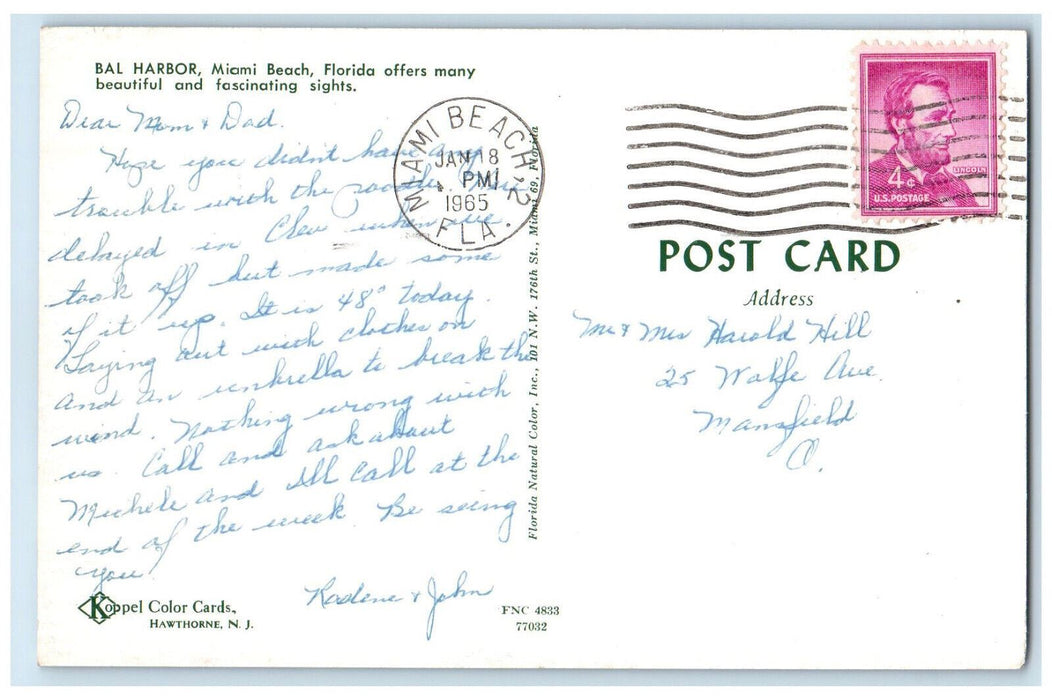 1965 Aerial View, Greetings from Bal Harbor, Miami Beach Florida FL Postcard