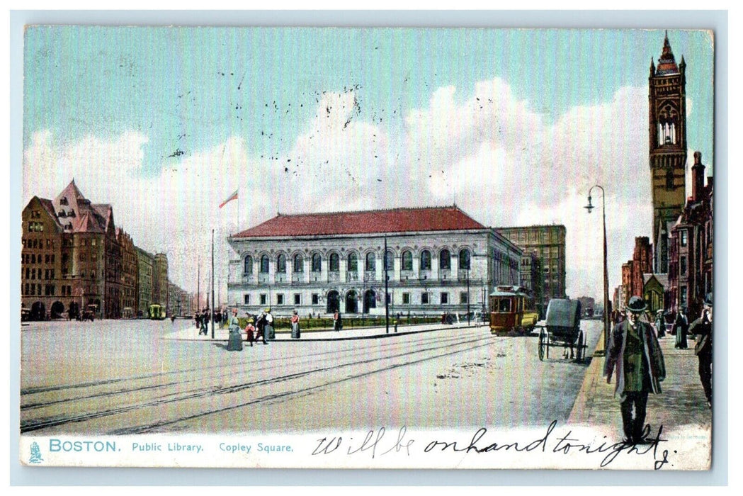 1907 Boston MA, Public Library Copley Square Railroad Trolley Tuck's Postcard