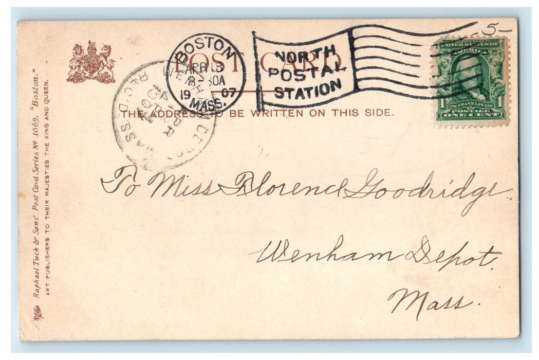 1907 Boston MA, Public Library Copley Square Railroad Trolley Tuck's Postcard
