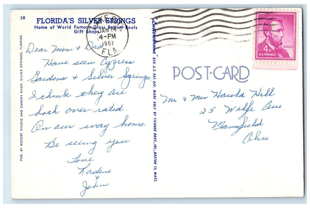 1962 Florida's Silver Springs, Home of Glass Bottom Boats, FL Postcard