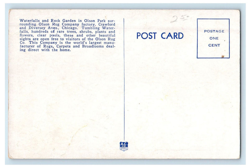 c1950s Waterfalls and Rock Garden in Olson Park, Chicago Illinois IL Postcard