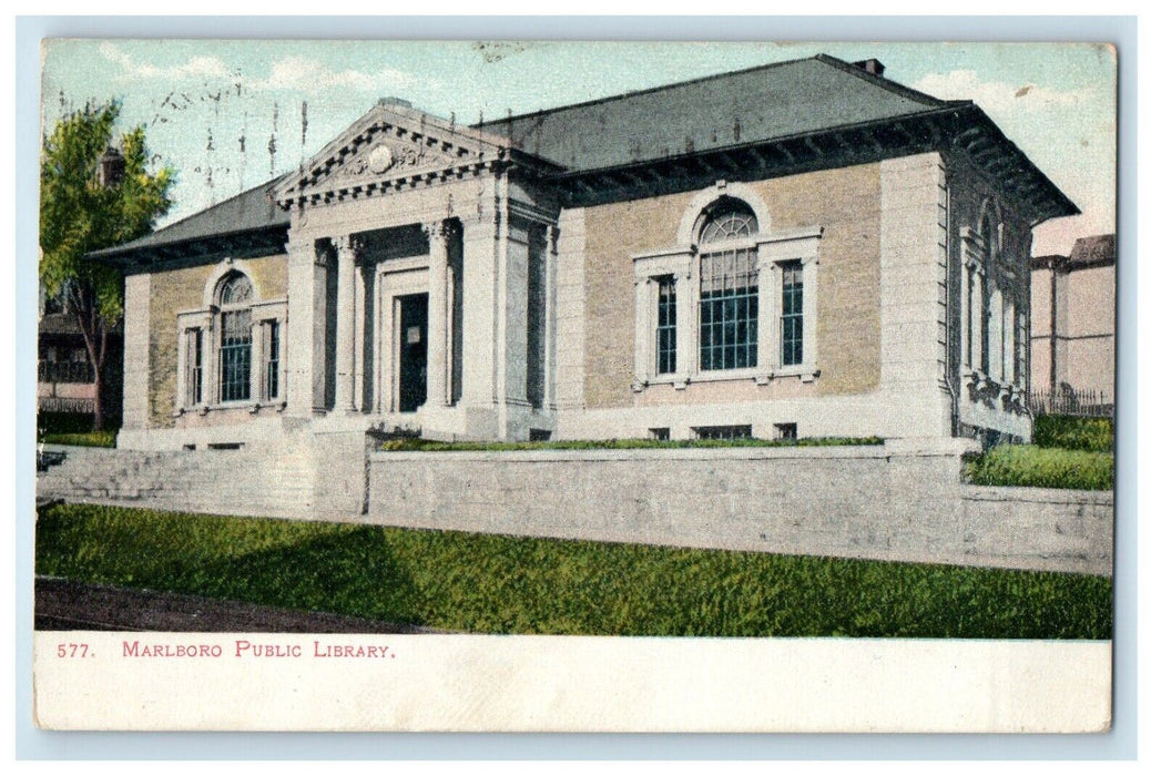 1906 Marlboro Massachusetts MA, Public Library Building Posted Antique Postcard