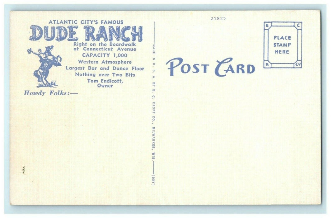 Dude Ranch Atlantic City Boardwalk Restaurant 1940's Vintage Antique Postcard
