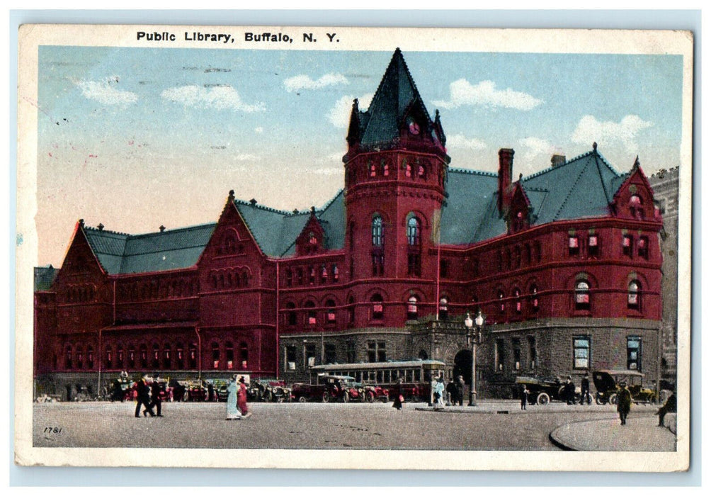 1917 Tranvia and Car Scene, Public Library Buffalo New York NY Posted Postcard