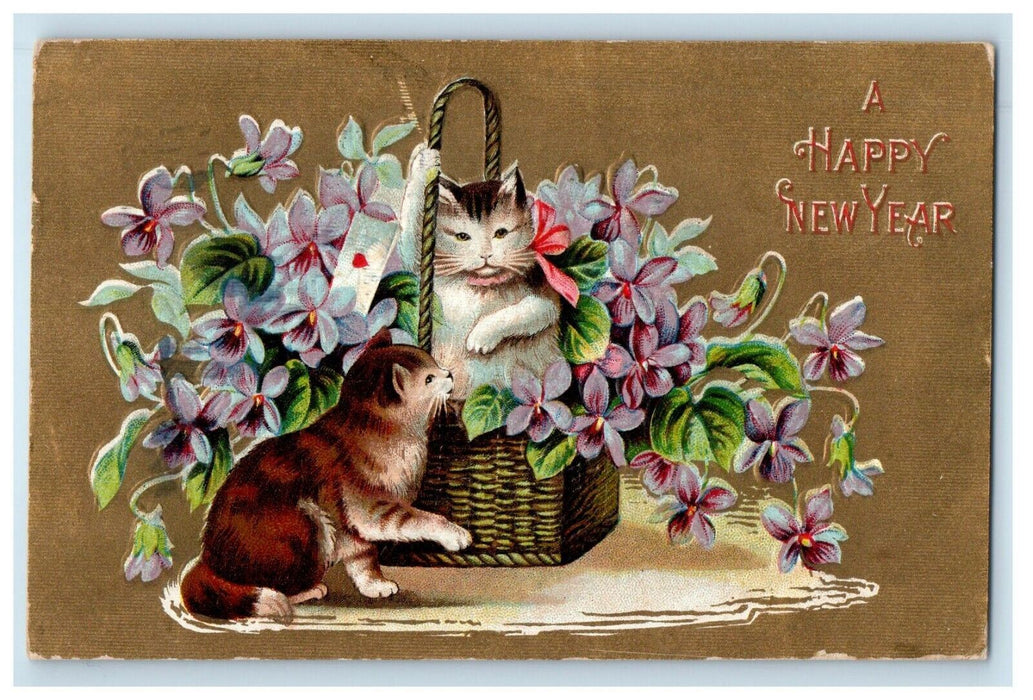 1908 Cute Cats Kittens in Basket Flowers Happy New Year Embossed Postcard