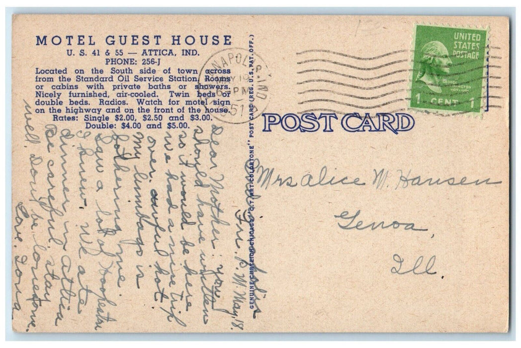 1951 Motel Guest House Cabins Highway 41 & 55 Attica Indiana IN Vintage Postcard
