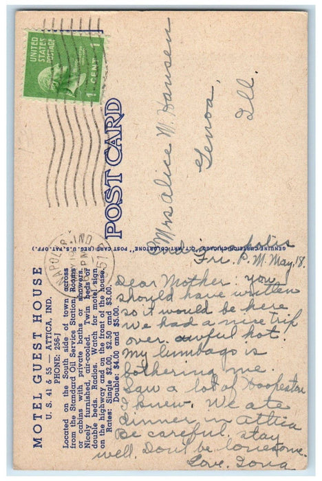 1951 Motel Guest House Cabins Highway 41 & 55 Attica Indiana IN Vintage Postcard