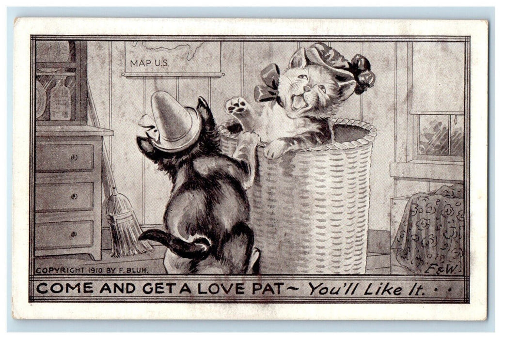 1910 Two Kittens Cute Cats Fighting Laundry Hamper Hat Unposted Postcard