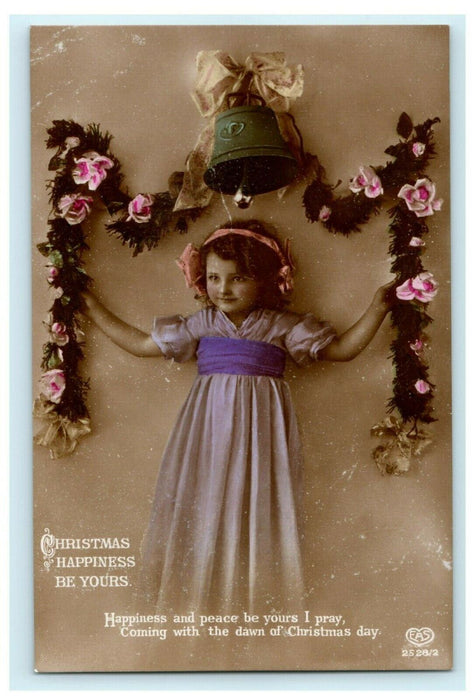 Christmas Girl Bell EAS Hand Painted Glossy RPPC 1912 Antique Postcard