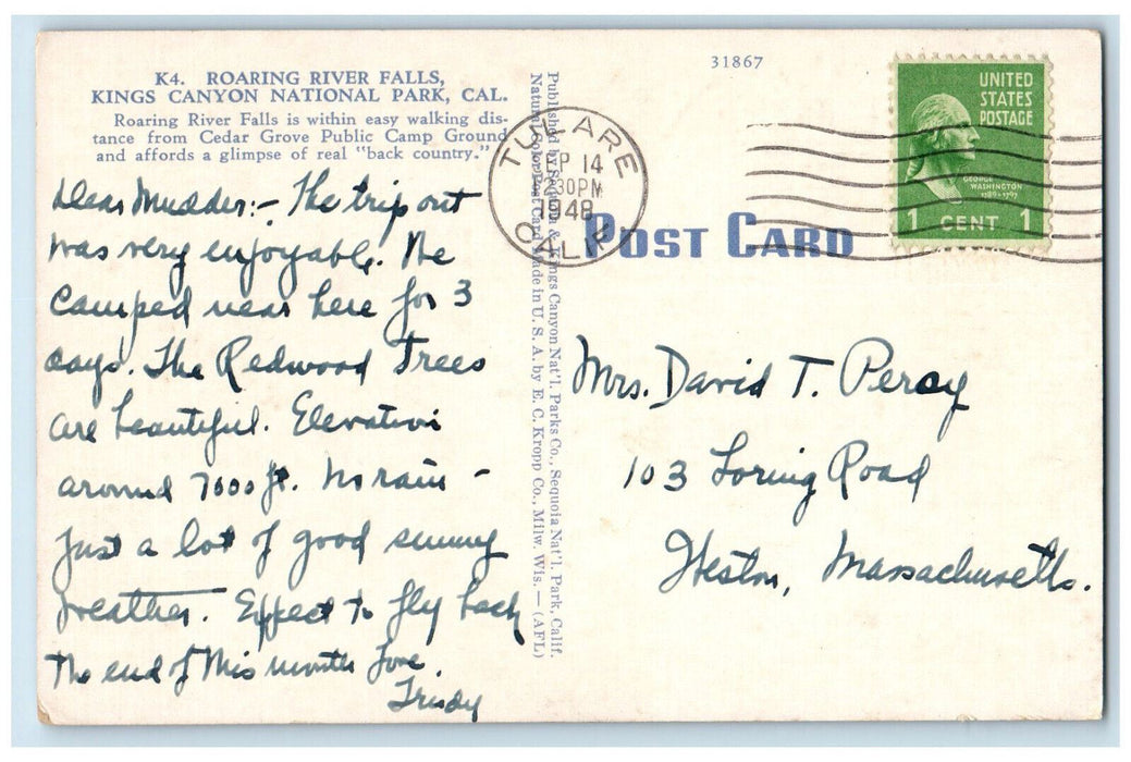 1948 Roaring River Falls Kings Canyon National Park California CA Postcard