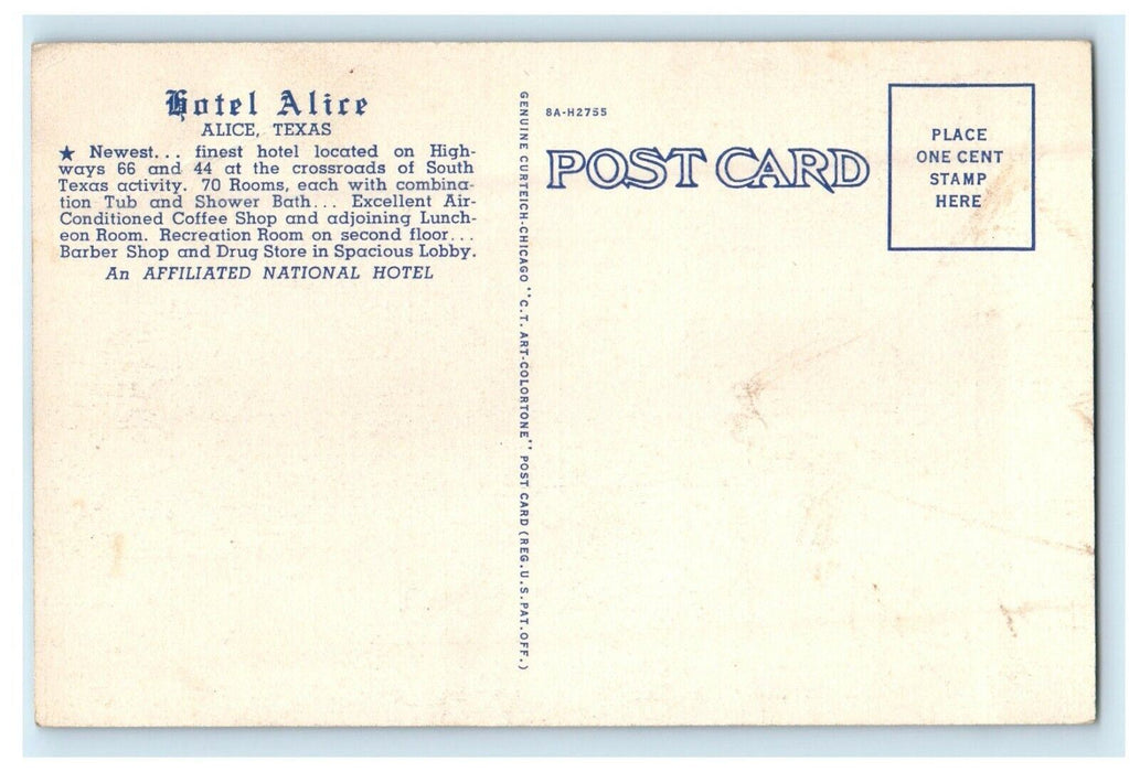 c1940's Alice Texas TX, Bird's Eye View Of Hotel Alice Vintage Postcard