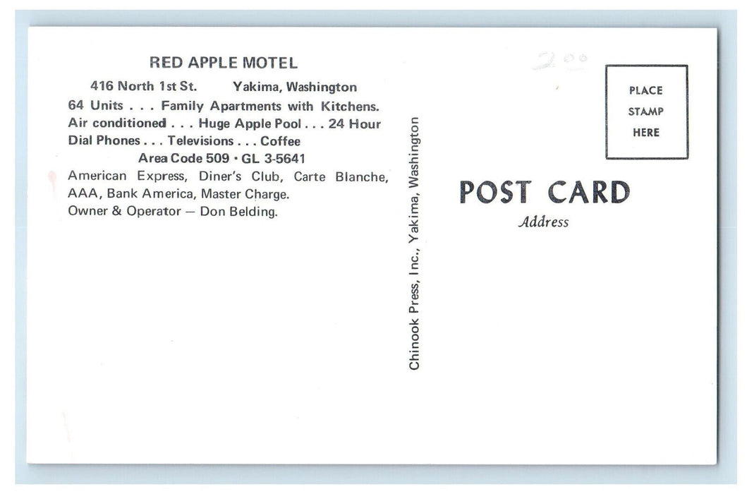 c1960s Red Apple Motel, Yakima Washington WA Vintage Unposted Postcard