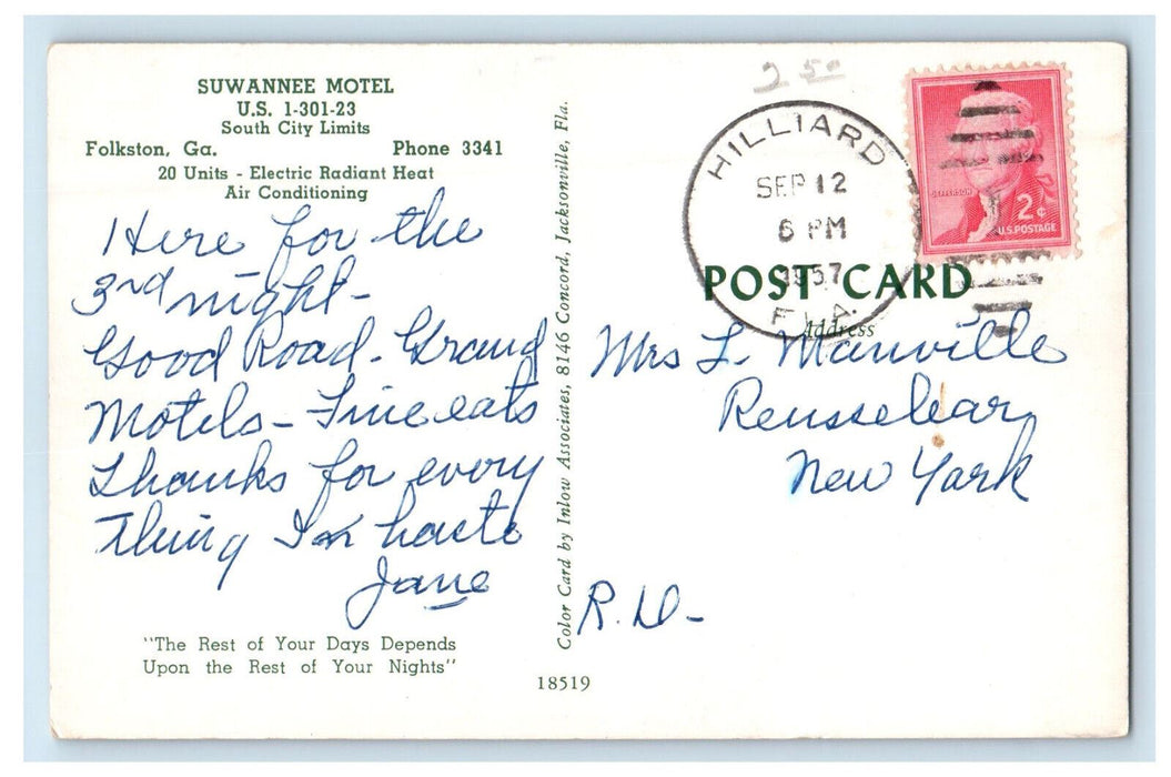 1957 Suwannee Motel, South City Limits Folkston Georgia GA Postcard