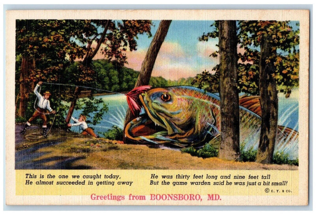 c1940 Greetings From Boonsboro Maryland Fishing Rod Exaggerated Fishing Postcard