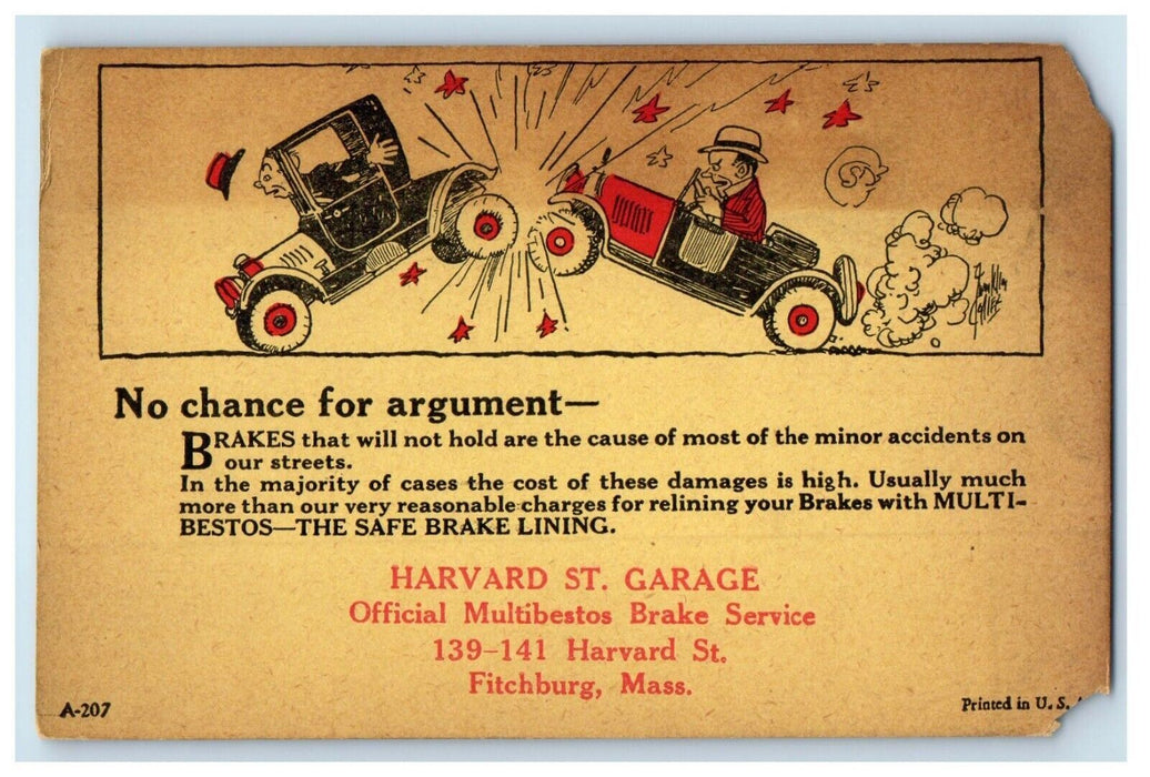 Car Garage Advertising Accident Comic Harvard St. Garage Fitchburg MA Postcard