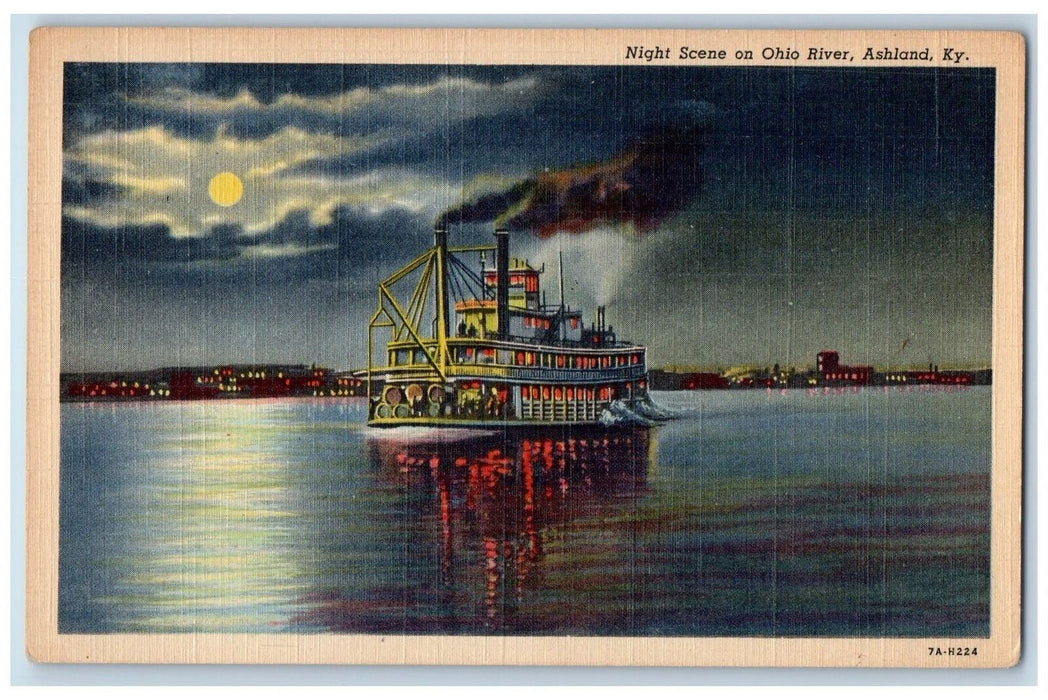 c1940s Night Scene On Ohio River Ashland Kentucky KY Unposted Steamship Postcard