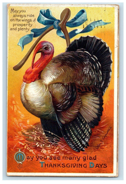 1912 Thanksgiving Turkey Wishbone Ribbon Ellen Clapsadle Artist Signed Postcard