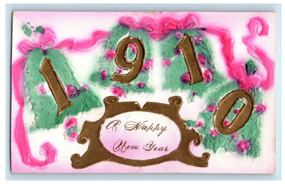 1910 Happy New Year Bells Decorated Ribbon Large Numbers Airbrushed Postcard