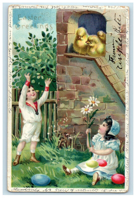 1907 Easter Greetings Girl And Boy Chicks And Eggs Flowers Tuck's Postcard