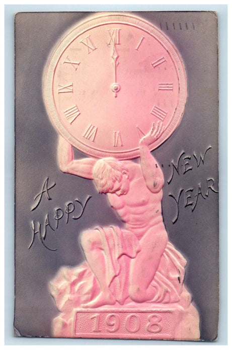 1908 Happy New Year Atlas Carrying Roman Clock Airbrushed Antique Postcard