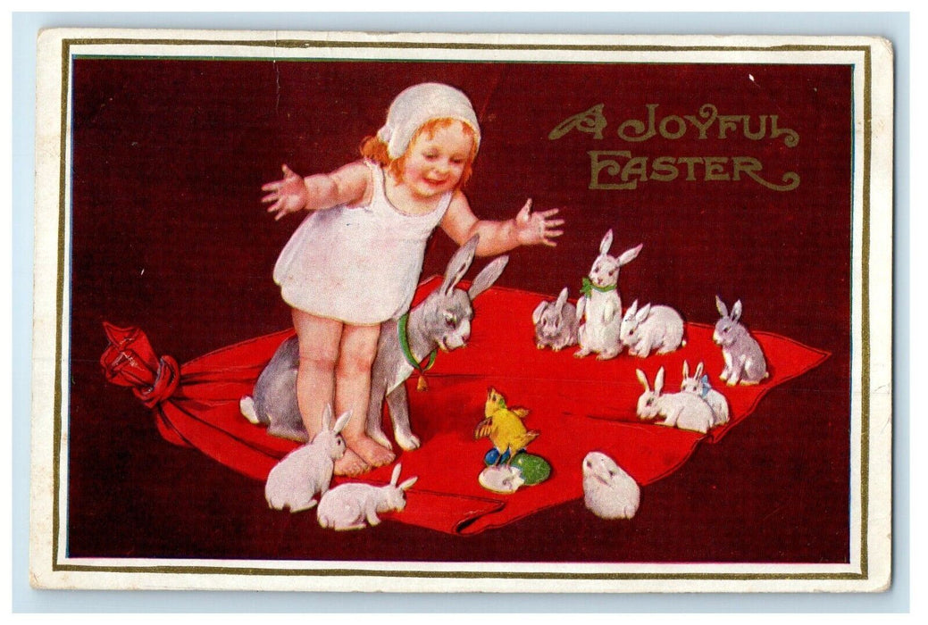 c1910's Easter Little Girl Playing Bunny Rabbits And Chick Embossed Postcard