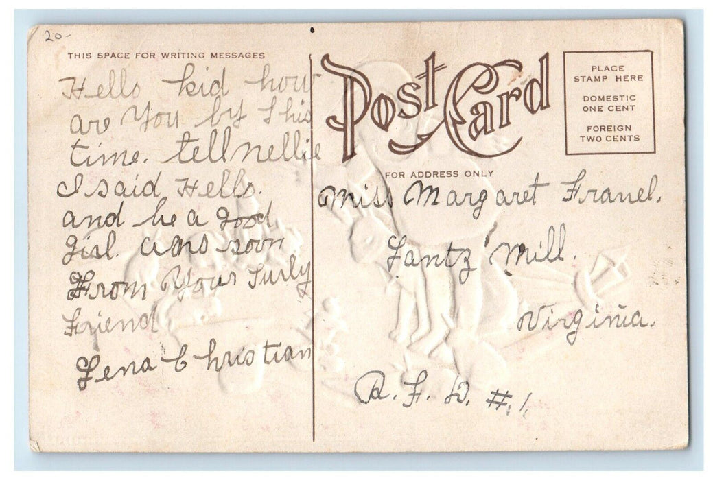 c1910's Easter Little Girl Playing Bunny Rabbits And Chick Embossed Postcard