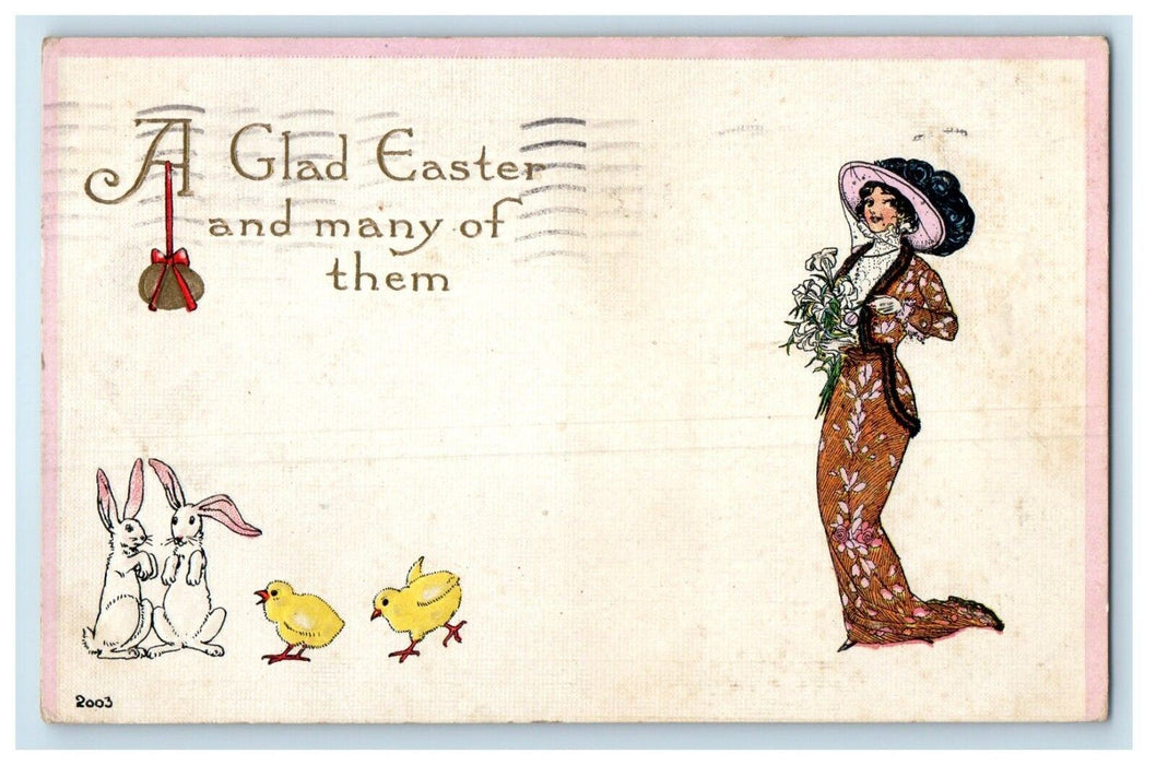 1915 Easter Egg Bunny Rabbit Chichs Girl Dress Big Hat Posted Antique Postcard