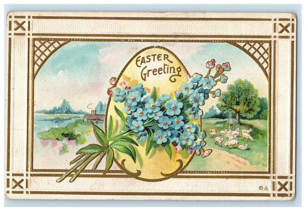 c1910's Easter Greetings Egg Pansies Flowers Lamb Nash Embossed Antique Postcard