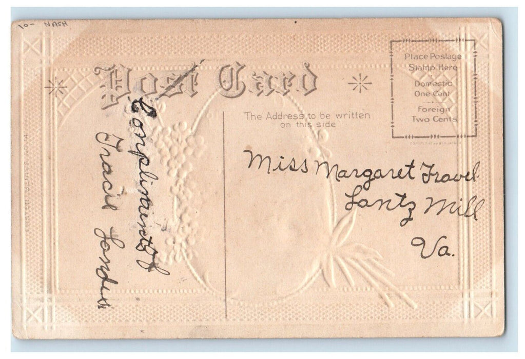 c1910's Easter Greetings Egg Pansies Flowers Lamb Nash Embossed Antique Postcard
