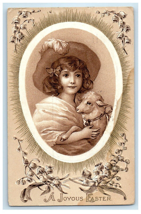 1911 Easter Pretty Girl And Lamb Flowers Embossed Posted Antique Postcard