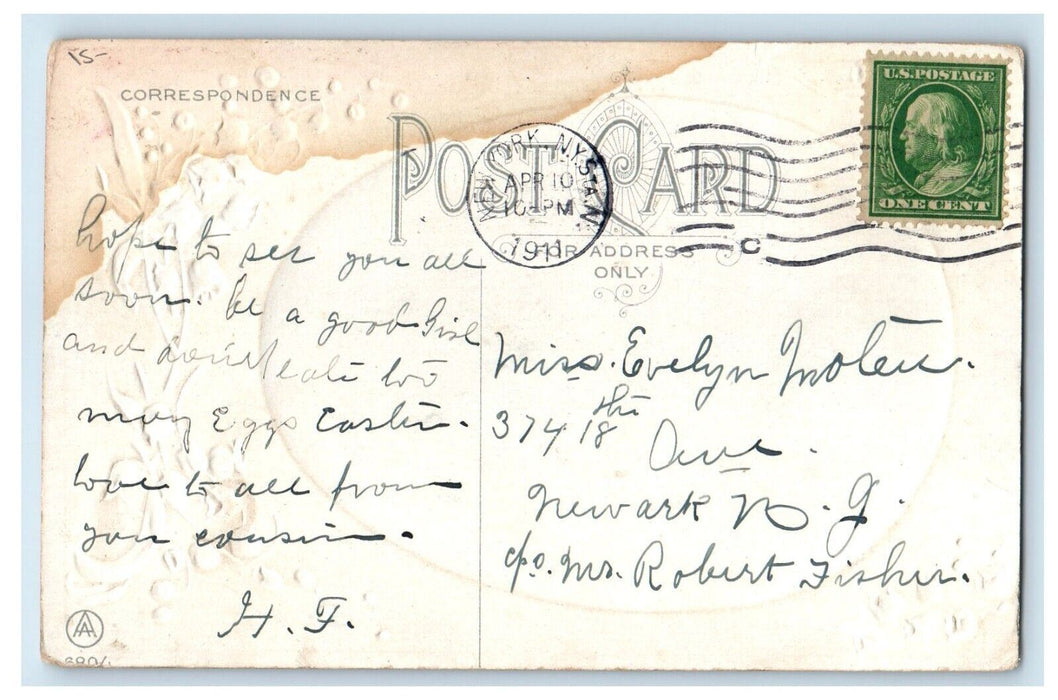 1911 Easter Pretty Girl And Lamb Flowers Embossed Posted Antique Postcard