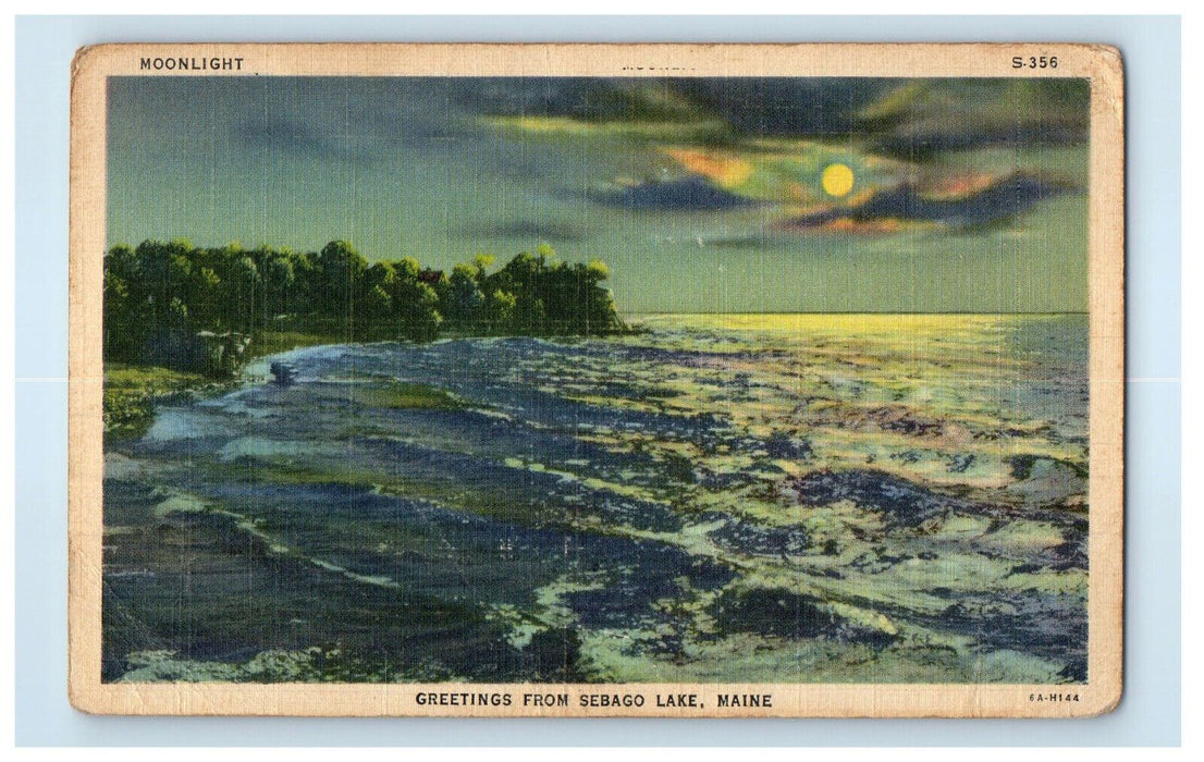 c1940's Moonlight and River Scene Greetings from Sebago Lake Maine ME Postcard