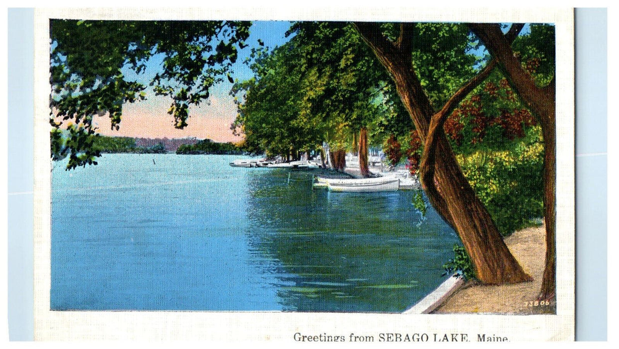 1935 River and Boat Scene, Greetings from Sebago Lake Maine ME Postcard