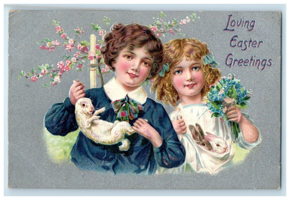 c1910's Easter Greetings Boy Girl Cached Bunny Rabbit Oilette Tuck's Postcard