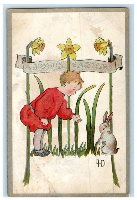 c1910's Easter Boy And Bunny Rabbit Flowers Embossed Posted Antique Postcard
