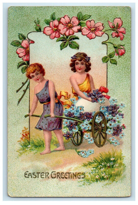 c1910's Easter Greetings Girl Pulling Cart Egg Pansies Flowers Embossed Postcard