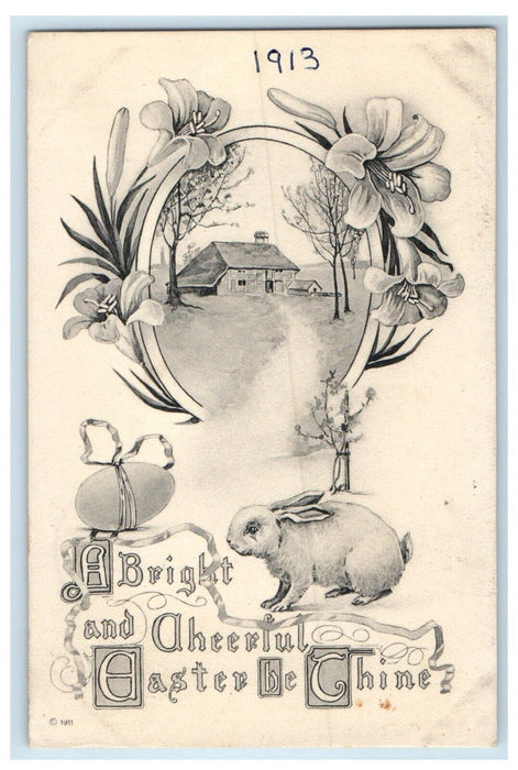 1913 Easter Bunny Rabbit Egg Lily Flowers Road House Posted Antique Postcard