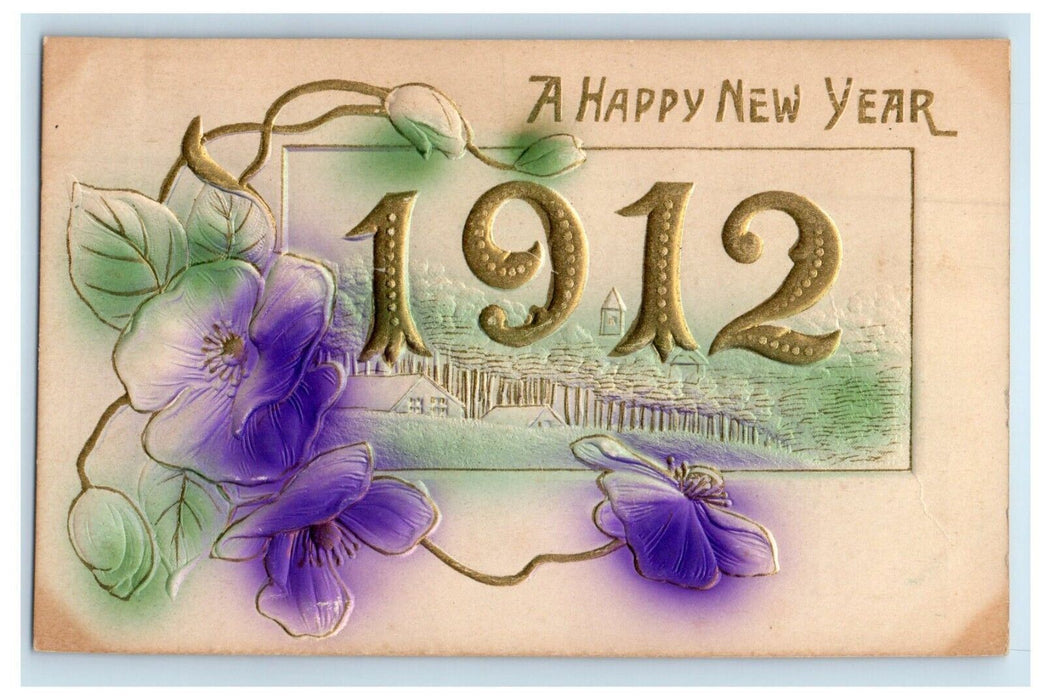 1912 Happy New Year Purple Flowers Large Numbers Embossed Airbeushed Postcard