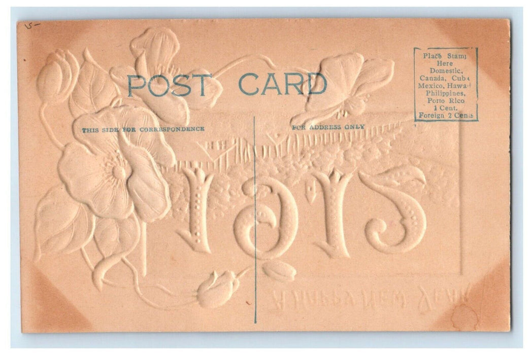 1912 Happy New Year Purple Flowers Large Numbers Embossed Airbeushed Postcard