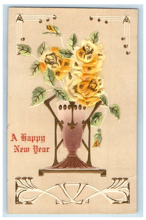 1909 New Year Flower Vase Art Nouveau Embossed Hesper Iowa IA Antique Postcard