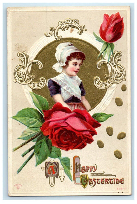 c1910's Easter Greetings Little Girl And Red Roses Embossed P. Sander Postcard