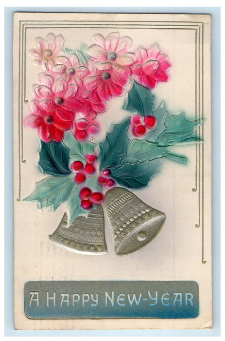 1912 Happy New Year Airbrushed Holly Bells Flowers Embossed Antique Postcard