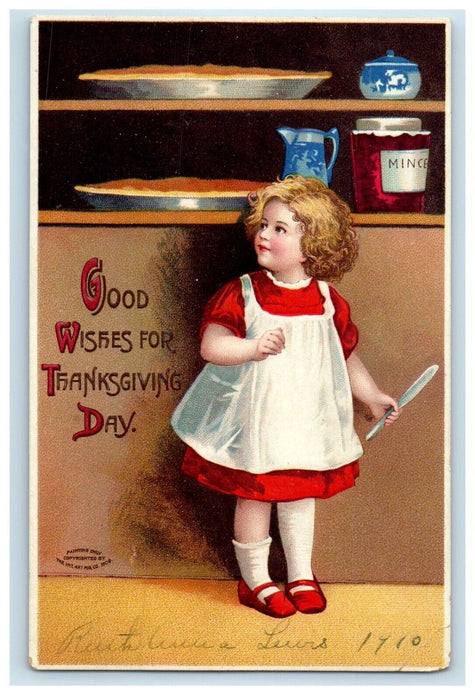 1910 Thanksgiving Girl Knife Pumpkin Pie Ellen Clapsadle Artist Signed Postcard