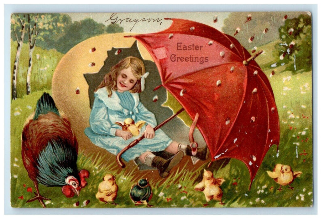 c1910's Easter Greetings Girl In Hatched Egg Umbrella Rooster Chicks Postcard