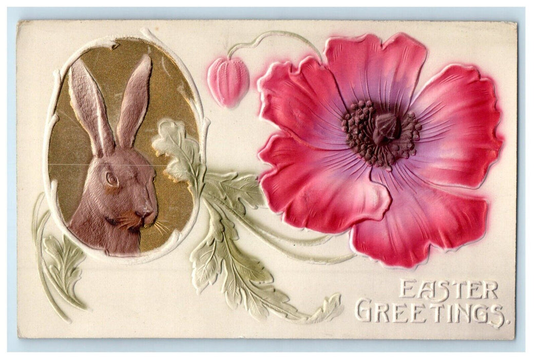 c1910's Easter Greetings Airbrushed Egg Rabbit And Red Flowers Embossed Postcard